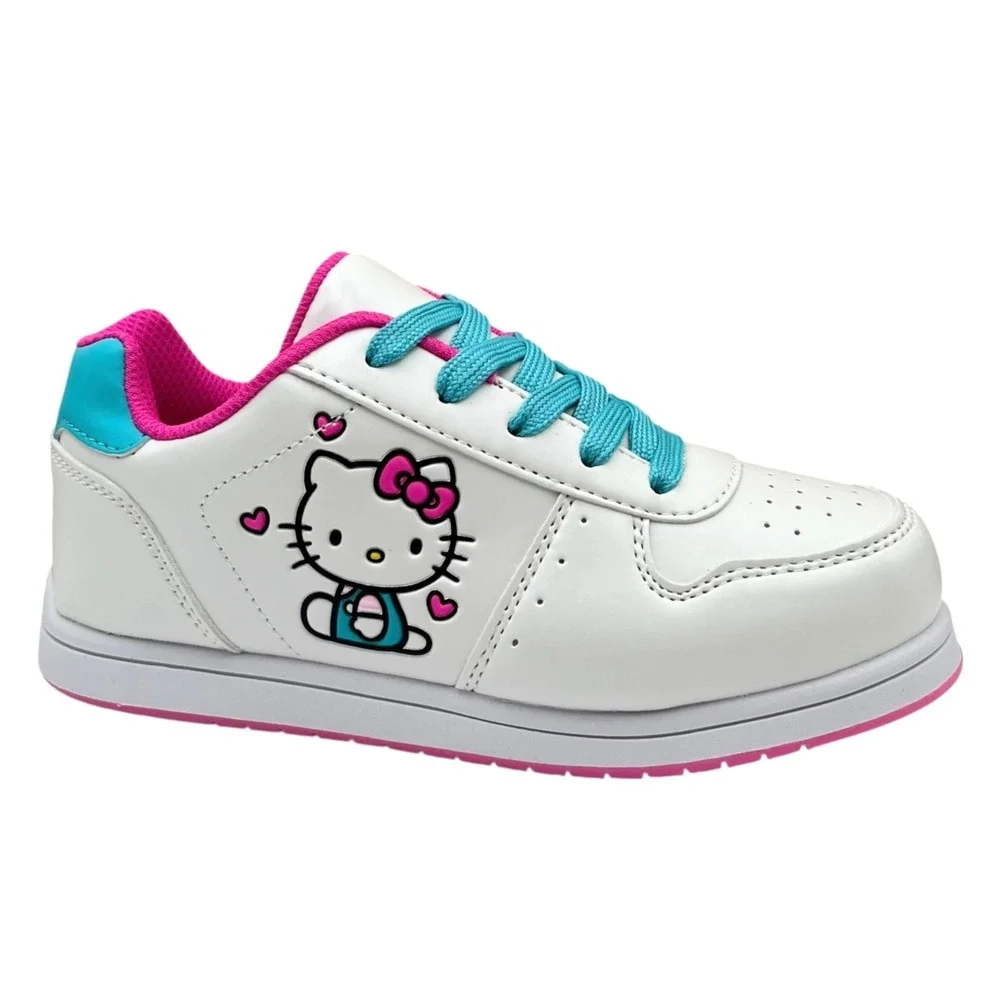 Hello Kitty Youth Big Girls Court Sneakers Size 3 White Aqua Pink Casual Lace-Up